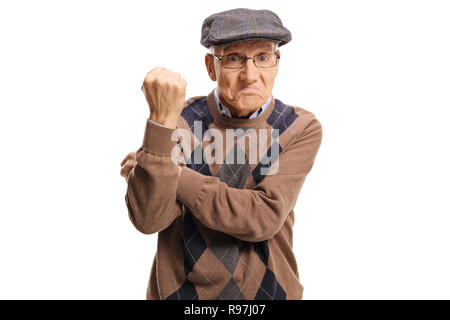 Deluso senior uomo gesti con le mani isolati su sfondo bianco Foto Stock