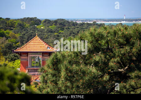 Osservatorio di un opulento villa nascosta dal pino marittimo (Pinus pinaster) (Arcachon (33120), Gironde (33), Aquitaine, Francia). Foto Stock