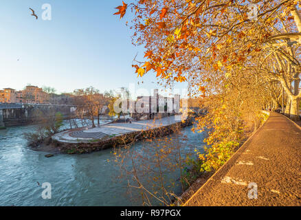 Roma (Italia) - Il fiume Tevere e il monumentale Lungotevere. Qui in particolare l'Isola Tiberina isola. Foto Stock