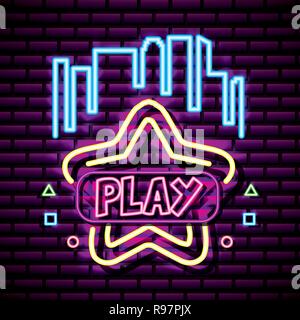 Stelle al neon simboli play video gioco illustrazione vettoriale Illustrazione Vettoriale