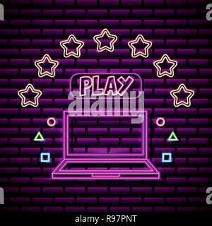 Computer neon stelle simboli video gioco illustrazione vettoriale Illustrazione Vettoriale