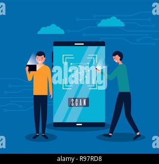 Due uomini con la faccia mobile digitale con scansione illustrazione vettoriale Illustrazione Vettoriale