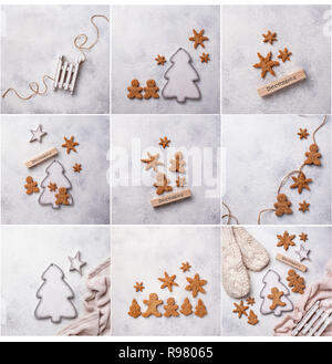Collage di nove inverno natale foto su sfondo bianco Foto Stock