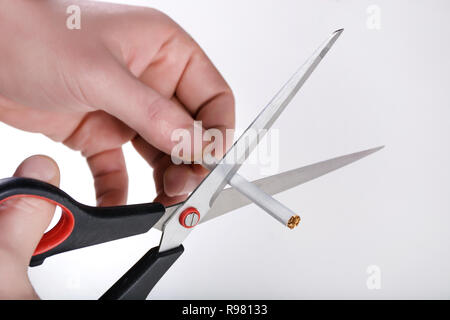 Le mani con le forbici il taglio di un sigaro isolati su sfondo bianco. Il tabagismo e per non fumatori e malsano concetto. Close up, il fuoco selettivo Foto Stock