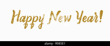 Felice anno nuovo card. Disegnata a mano glitter calligrafia moderna. Illustrazione di inchiostro. Vacanze felici poster. Banner con disegnati a mano le parole. Isolato su bianco b Foto Stock