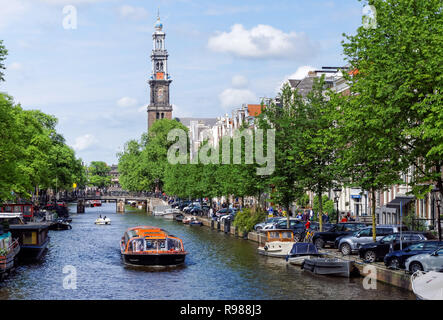 Crociera turistica barca sul canale Prinsengracht in Amsterdam, Paesi Bassi Foto Stock