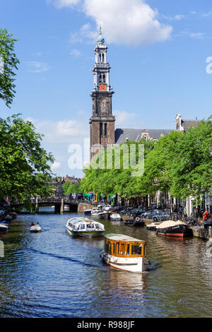 Crociera turistica barche sul canale Prinsengracht in Amsterdam, Paesi Bassi Foto Stock