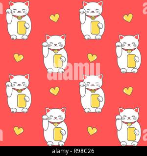 Cartoon carino Maneki Neko fortunato gatto bianco vettore seamless pattern illustrazione dello sfondo Illustrazione Vettoriale