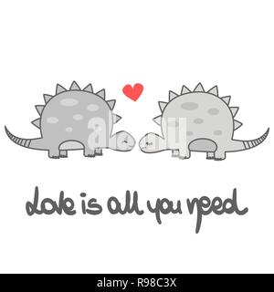 Carino amore è tutto ciò di cui avete bisogno romantico scritto a mano scritte Scheda vettore con il cartoon dinosauri giovane Illustrazione Vettoriale