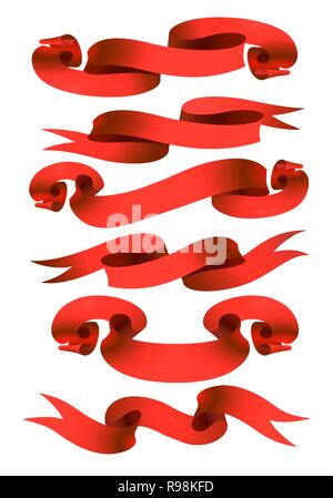 Nastro rosso e set di Banner isolato su bianco. Illustrazione Vettoriale. Illustrazione Vettoriale
