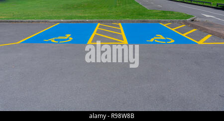 Disabilità parcheggi segnalati in standard internazionale insegne luminose blu e giallo. Foto Stock