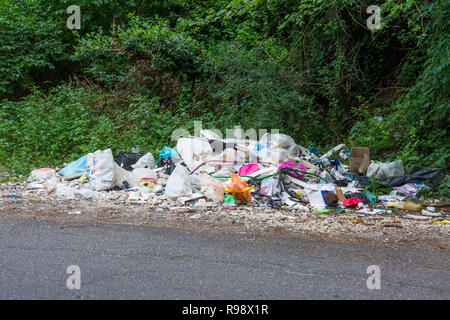 Roma, Italia - 21 Giugno 2018: rifiuti abbandonati nella campagna vicino alla strada Foto Stock