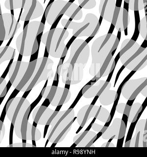 Bianco e nero macchie di mucca e Zebra linee di cavallo o cane dalmata. Miscelate e trasparente per effetto di gran moda accessori. Africa moderna stile giungla. Illustrazione Vettoriale astratto modello senza giunture Illustrazione Vettoriale