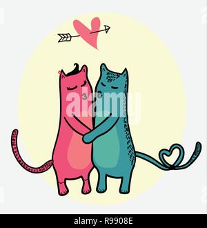 Doodle gatti baciare con cuore battenti in amore telaio Illustrazione Vettoriale