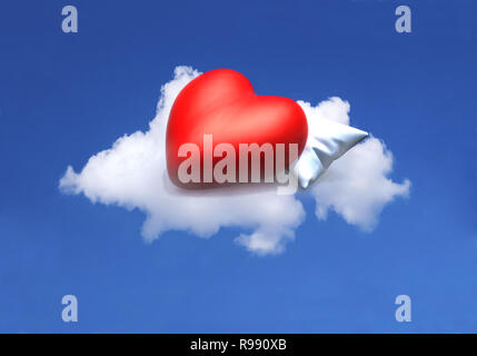 Cartone animato cuore rosso in appoggio su di un cuscino sopra una nuvola in cielo blu, 3d illustrazione Foto Stock