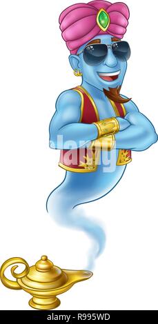 Cool Genie Magic lampada Aladdin Pantomime Cartoon Illustrazione Vettoriale