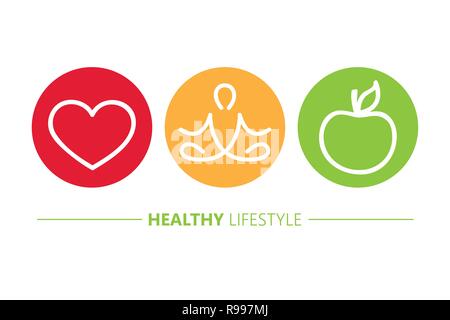 Uno stile di vita sano icone cuore yoga e apple illustrazione vettoriale EPS10 Illustrazione Vettoriale