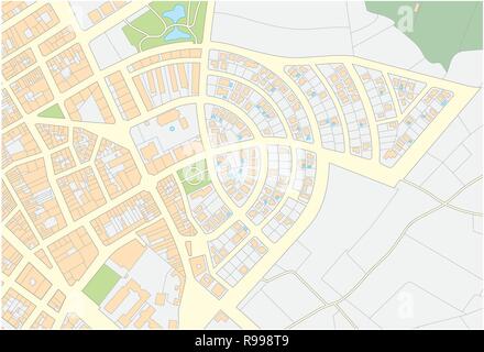 Fittizio di mappa catastale di un area con edifici e strade. Illustrazione Vettoriale