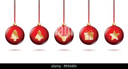 Rosso palle di Natale con decorazioni dorate albero di natale renne campana dono e star illustrazione vettoriale EPS10 Illustrazione Vettoriale