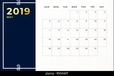 Maggio 2019 modello di pianificazione. Settimana comincia domenica Svuota mese di calendario Illustrazione Vettoriale
