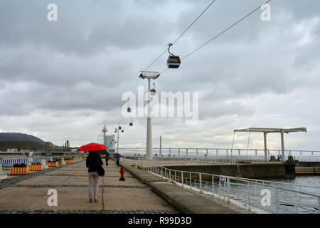 Modo di camminare a lungo il fiume Tago con funivia linea ferroviaria nel Parque das Nacoes - Parco Nazione in un giorno di pioggia, Lisbona, Portogallo. La gente camminare . Foto Stock