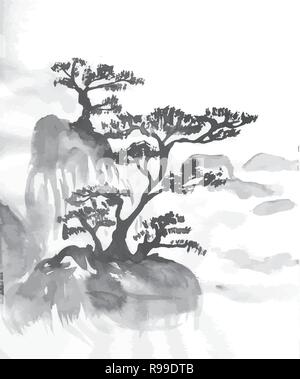 Bianco nero mascara illustrazione cinese di montagne e alberi. Illustrazione Vettoriale