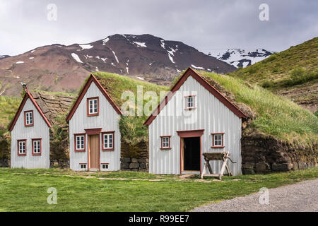 Il tappeto erboso Laufás case in Eyjafjörður vicino Grenivík nel nord dell'Islanda, l'Europa. Foto Stock