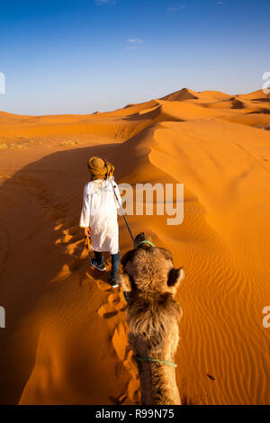 Mc645 Marocco, Errachidia Provincia, Erg Chebbi, tramonto, vista del turista sui cammelli corsa attraverso le dune Foto Stock