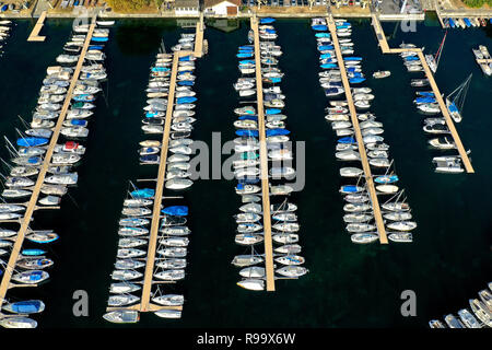 Vista panoramica su barche ormeggiate a posti barca in un porto di yacht presso il Lago di Ginevra, Rolle, Vaud, Svizzera Foto Stock