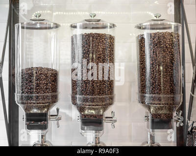 Chicco di caffè contenuti in tubi di vetro bianco sulla parete di mattoni decorazione di sfondo nella caffetteria in stile loft. Foto Stock