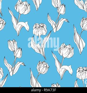 Tulip vettore inchiostro inciso art. Floreale di fiori botanica. Perfetta configurazione di sfondo. Tessuto di stampa sfondo texture. Illustrazione Vettoriale