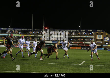 Cardiff Wales, Regno Unito, 21 dicembre 2018. Nick Williams di Cardiff Blues fa una pausa. Guinness Pro14 partita di rugby, Cardiff Blues v draghi al BT Sport Cardiff Arms Park di Cardiff venerdì 21 dicembre 2018. Questa immagine può essere utilizzata solo per scopi editoriali. Solo uso editoriale. pic da Andrew Orchard/Andrew Orchard fotografia sportiva/Alamy Live news Foto Stock