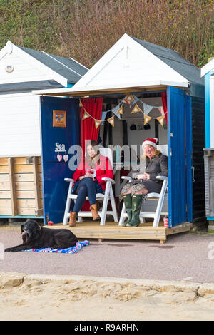 Bournemouth Dorset, Regno Unito. Il 22 dicembre 2018. I visitatori godere il sole a Bournemouth spiagge - due donna rilassarsi presso il beach hut con il cane. Credito: Carolyn Jenkins/Alamy Live News Foto Stock