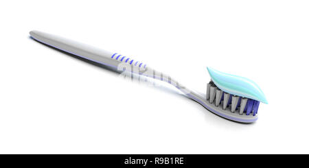 Per le cure dentarie, igiene, pasta dentifricia su uno spazzolino da denti isolati su sfondo bianco. 3d illustrazione Foto Stock