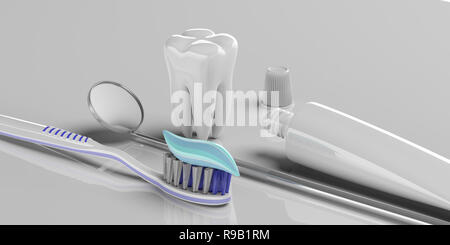 Per le cure dentarie, igiene. Pasta dentifricia su uno spazzolino da denti, modello di denti e un dentista specchio, lo sfondo grigio, banner. 3d illustrazione Foto Stock