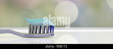 Per le cure dentarie, igiene. Pasta dentifricia su uno spazzolino da denti, sfondo astratto, banner, primo piano. 3d illustrazione Foto Stock