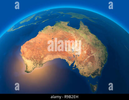 Cartina Fisica del mondo, vista satellitare di Australia. Oceania. Globo. Emisfero. Rilievi e oceani. Il rendering 3D Foto Stock