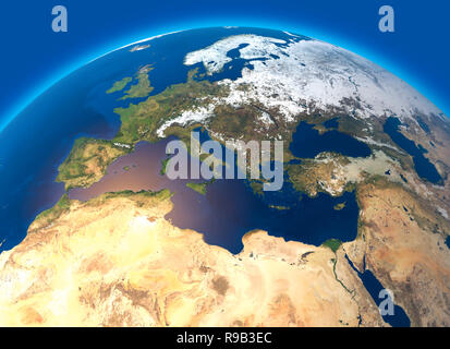 Cartina Fisica del mondo, vista satellite di Europa e Africa del Nord. Globo. Emisfero. Rilievi e oceani. Il rendering 3D Foto Stock