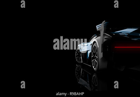 Vista posteriore di un generico e brandless auto moderna su sfondo scuro, 3d illustrazione Foto Stock
