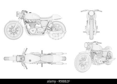 Wireframe e generico brandless moto in vista quattro, 3D illustrazione Foto Stock