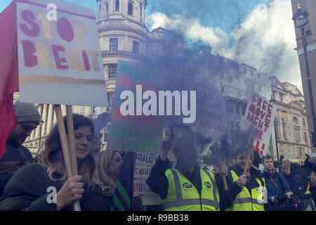 Londra, Regno Unito. Dicembre 2018. Una donna tenendo premuto stop targhetta Brexit durante una dimostrazione. Foto Stock
