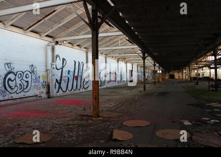 Graffiti e distruzione in una fabbrica abbandonata nel Michigan, Stati Uniti d'America. Foto Stock