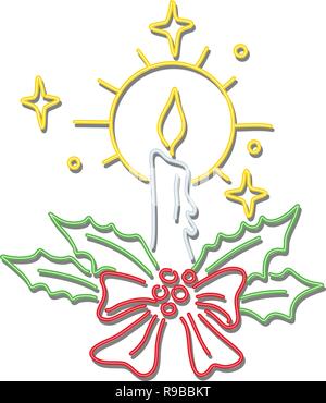 In stile retrò illustrazione mostrante una degli anni novanta insegna al neon luce di illuminazione di segnaletica di una stagione di festa di Natale candela con nastro e corona sul retro isolato Illustrazione Vettoriale