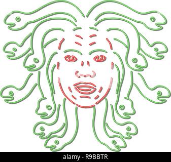In stile retrò illustrazione mostrante una degli anni novanta insegna al neon luce di illuminazione di segnaletica di testa di Medusa nella mitologia greca, Gorgone monster, vivere serpenti velenosi Illustrazione Vettoriale