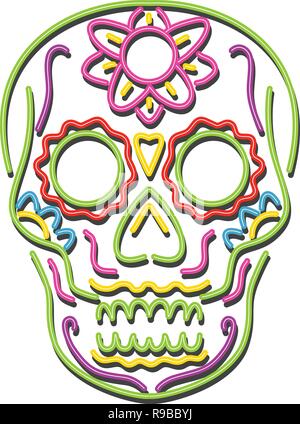 In stile retrò illustrazione mostrante una degli anni novanta insegna al neon luce di illuminazione di segnaletica di un tatuaggio di zucchero decorativo cranio o calavera su sfondo isolato. Illustrazione Vettoriale