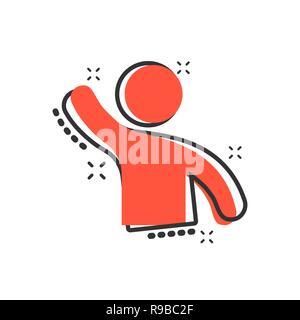 Saluto le persone con mano icona in stile fumetto. Persona gesto vettore illustrazione cartoon pittogramma. Il People Leader business concetto effetto splash. Illustrazione Vettoriale