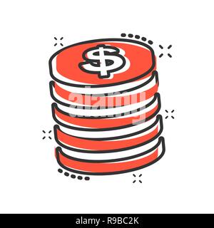 Monete icona dello stack in stile fumetto. Dollar coin vettore illustrazione cartoon pittogramma. Soldi impilati l'idea di business effetto splash. Illustrazione Vettoriale