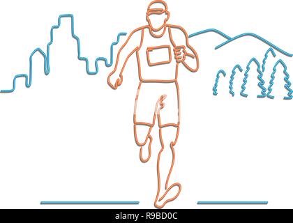 In stile retrò illustrazione mostrante una degli anni novanta insegna al neon luce di illuminazione di segnaletica di un maschio maratoneta in esecuzione con gli edifici e le montagne sullo sfondo. Illustrazione Vettoriale