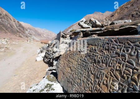 Mani pietre, inscritto con mantra buddista si trovano attraverso l'Himalaya, spesso raccolti insieme in mani pareti Foto Stock