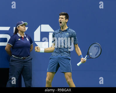 New York, NY - 9 Settembre 2018: Novak Djokovic di Serbia reagisce durante l uomo finale unica di US Open 2018 contro Juan Martin Del Potro di Argentina presso l'USTA Billie Jean King National Tennis Center Foto Stock